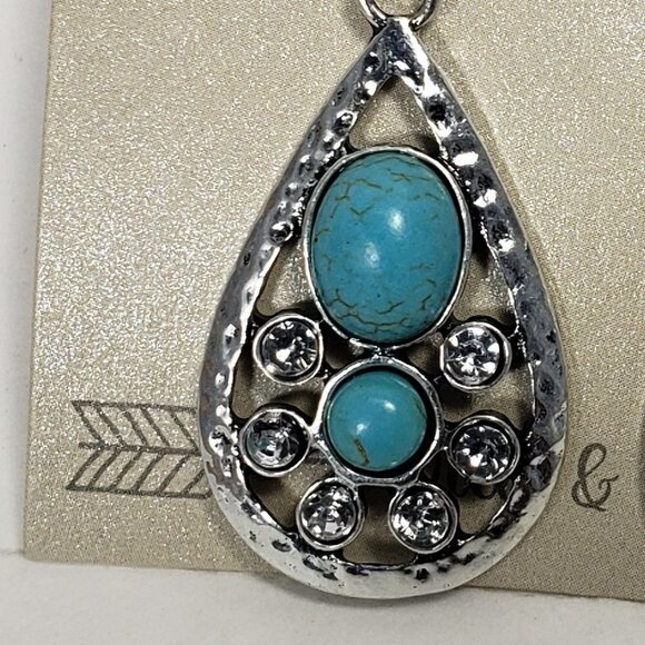 Water Drop Shape Hammered Silver-tone Turquoise Stone, Crystal Teardrop Earrings - Picture 5 of 8